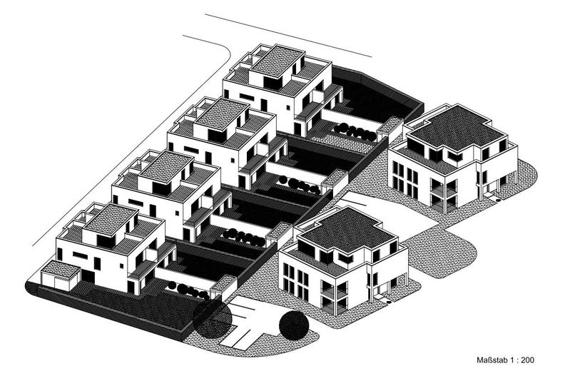Sechs moderne, weiße Gebäude in einem architektonischen Modell, Dachterrassen und geometrische Formen.