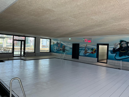 Ein leerer Innenpool mit hellem Boden und Wandbildern von schwimmenden Personen