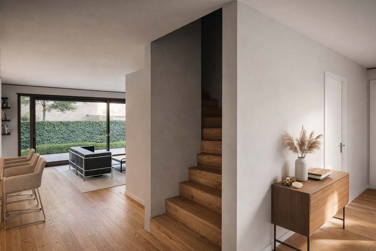 Modernes Wohnzimmer mit Holztreppe, hellen Wänden und großem Fenster zum Garten