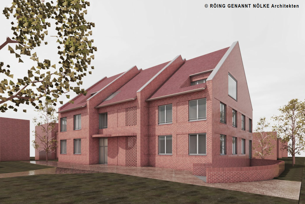 Modernes Backsteingebäude mit großen Fenstern und schrägen Dächern bei Tageslicht