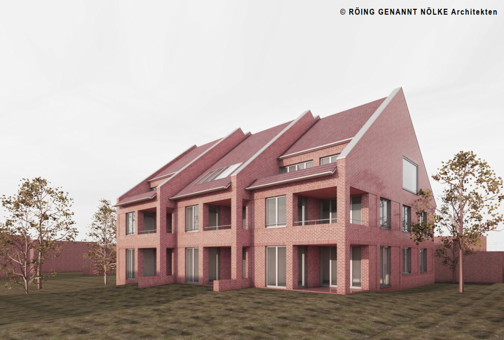 Modernes rotes Backsteinhaus mit grossen Fenstern und spitzem Dach im Grünen