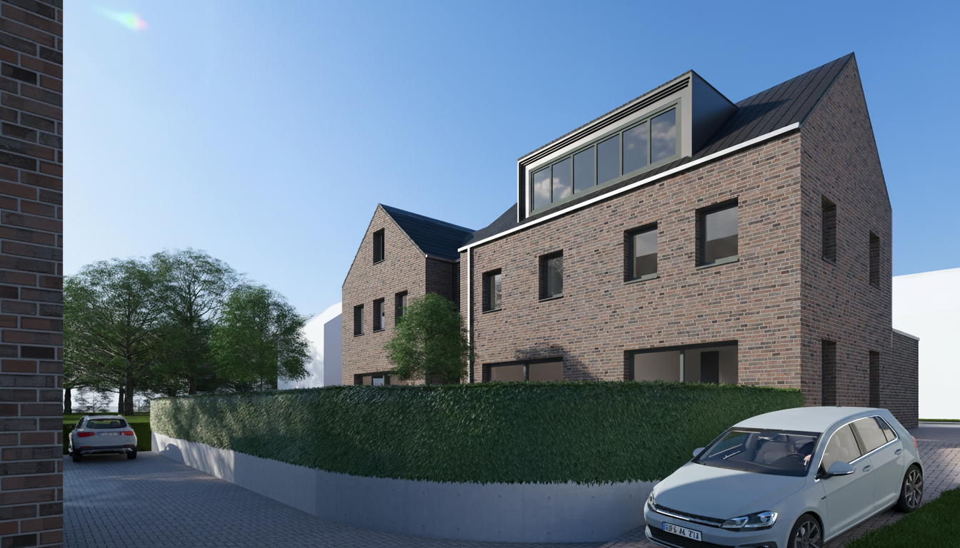 Modernes Backsteinhaus mit großen Fenstern, grauen Autos und Hecke