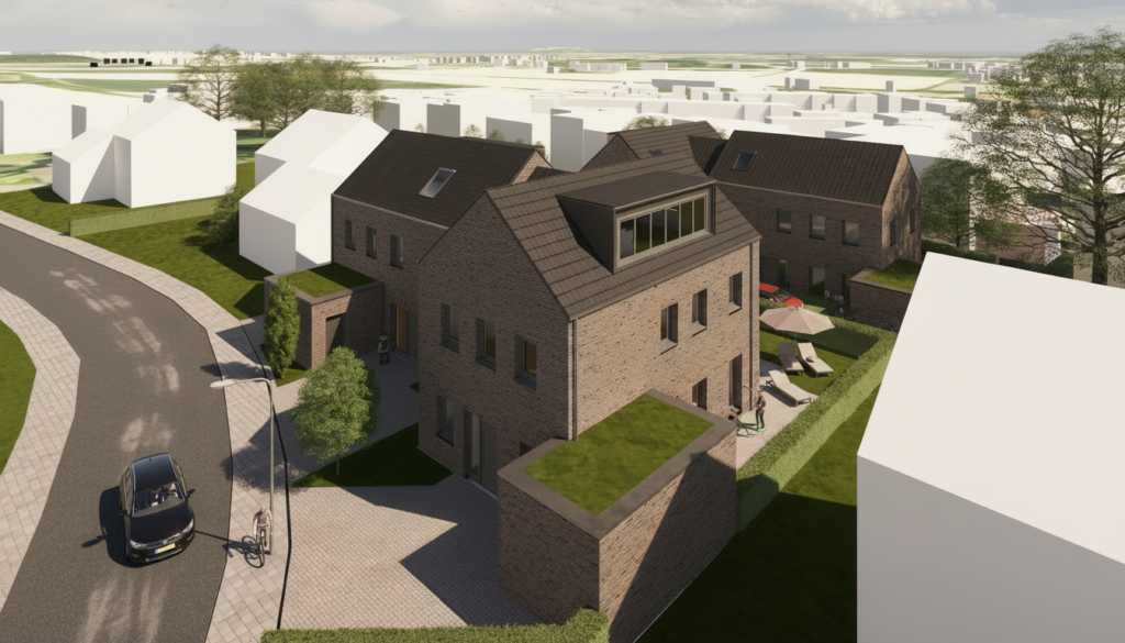 Luftansicht moderner brauner Backsteinhaeuser, ruhig, mit Gruendach und Garten